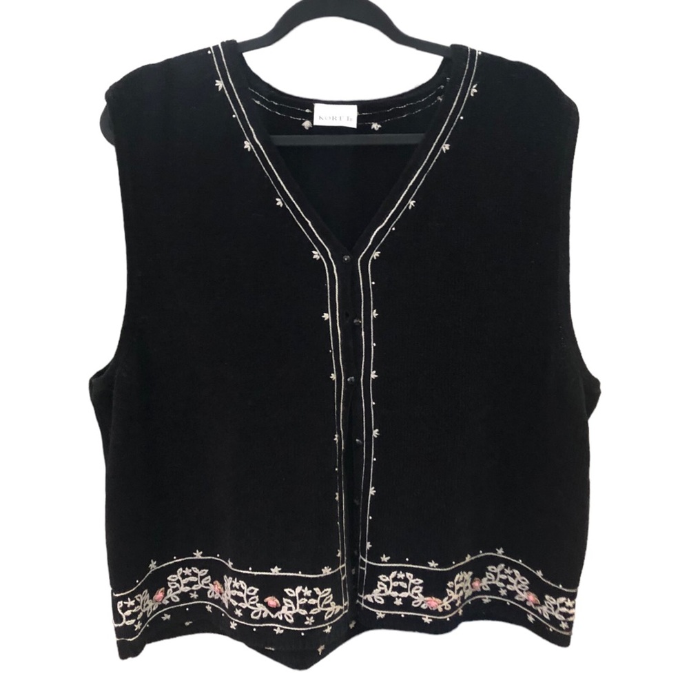 KORET Vintage Black Fleece Vest Embroidered Floral